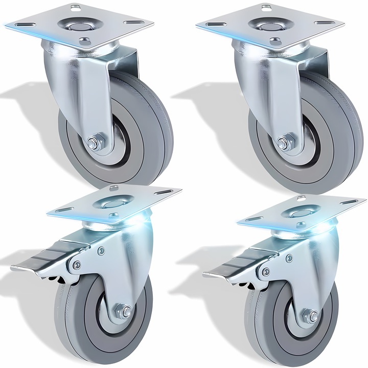 Set 4 Roti Pivotante RETOO HandyTools, 75mm, Cauciucate, Cu Frana, Rotire 360°, Capacitate 220kg, Montare Usoara, Rulmenti Robusti, Placa 6.5x6.5cm, Distanta Gauri 4.8cm, Design Cromat, Potrivite Pentru Mobilier, Echipamente Industriale si Alte Utilizari