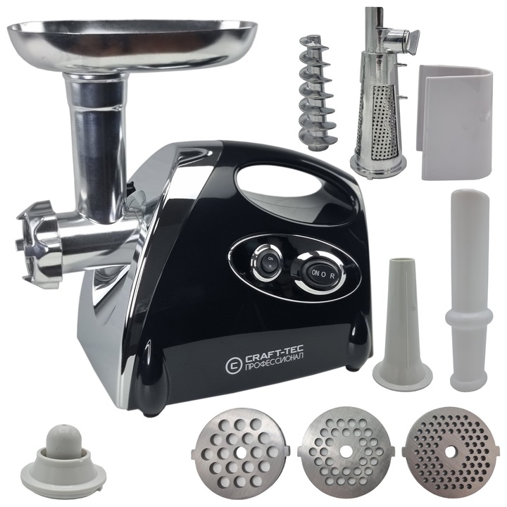 Craft-Tec® MX976 Месомелачка, 3800 W, Мощен меден мотор, Реверсивна функция, 3 сита, Аксесоари за домати, колбаси и кюфтета, Здрав дизайн, Черен