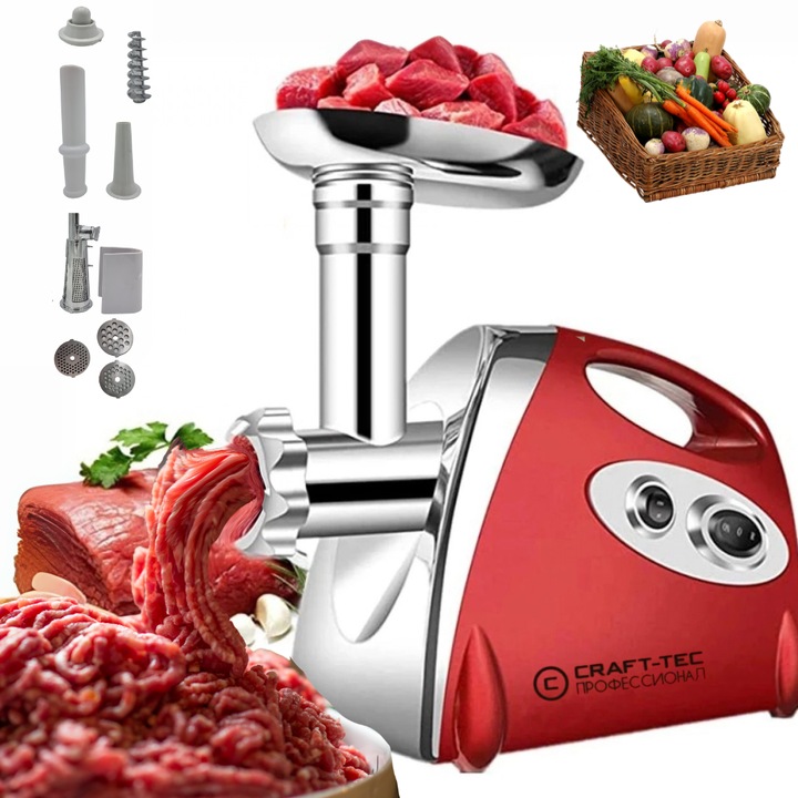 Месомелачка Craft-Tec® MX713, 3800 W, Мощен меден мотор, Реверсивна функция, 3 сита, Аксесоари за домати, колбаси и кюфтета, Здрав дизайн, Червен