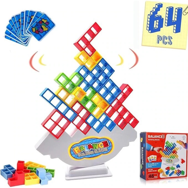 Joc de stivuire distractiv si captivant, Constructie blocuri Tetris in echilibru, 64 de piese, Joynix