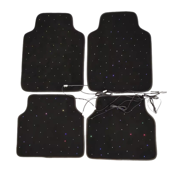 Комплект от 4 LED стелки за кола, водоустойчив материал, ефект на съзвездие, лукс и атмосфера, оптично влакно, Bluetooth, дистанционно управление + приложение, 8 цвята, мощност на запалката, черен