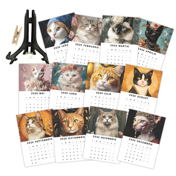 Calendar cu pisici elegante, 2026, calendar de birou cu suport negru