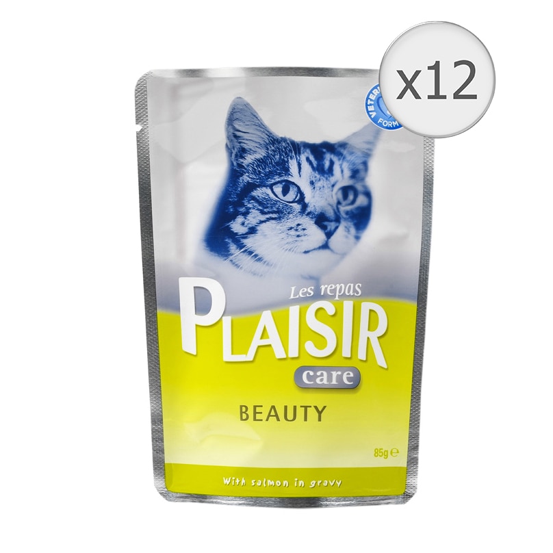 Hrana umeda pentru pisici Plaisir Care Beauty, bucati de somon in sos, 12x85g