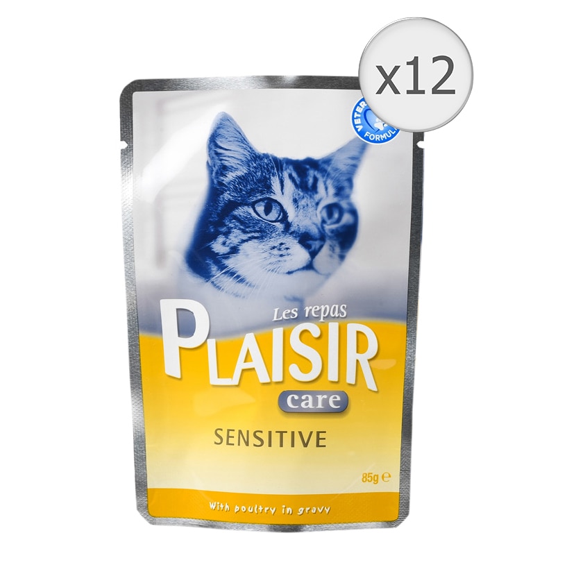 Hrana umeda pentru pisici Plaisir Care Sensitive, bucati de pasare in sos, 12x85g