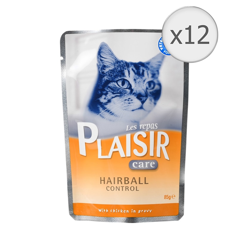 Hrana umeda pentru pisici Plaisir Care Hairball Control, bucati de pui in sos, 12x85g