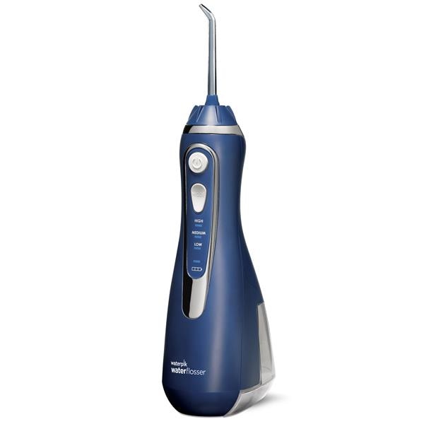 Irigator bucal Waterpik Profesional WP-583, portabil, 4 capete curatare, 3 trepte presiune, incarcare USB magnetica, albastru