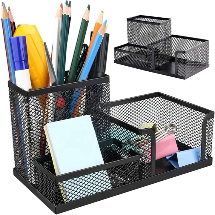 VarioShop® irodaszer-rendező, 3 rekeszes, tágas, légies kialakítású, strapabíró anyag, fém, 20,5 x 10 cm, Fekete