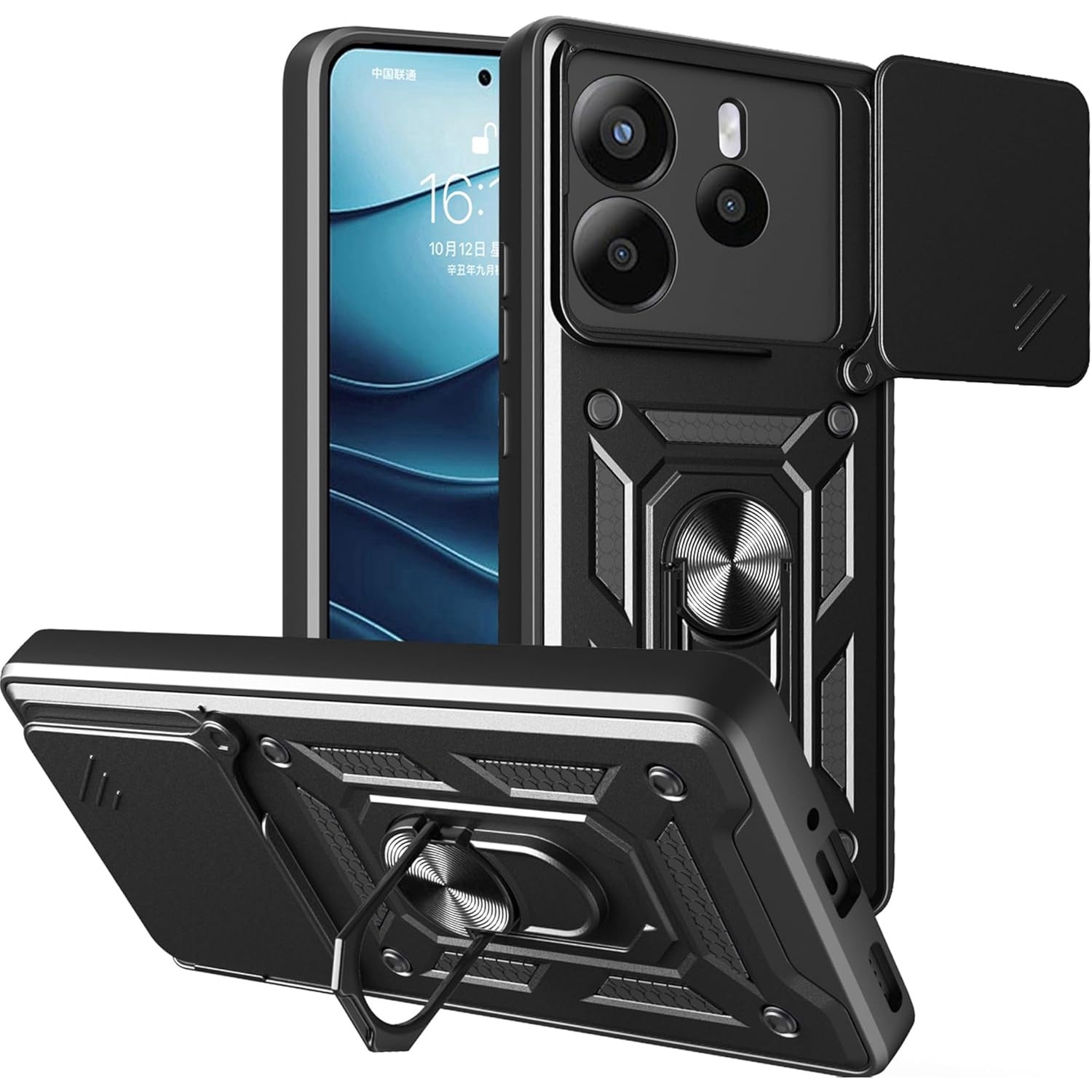 Husa pentru Xiaomi Redmi Note 14 4G Ring Armor Kickstand Tough Rugged Cover cu protectie camera Negru