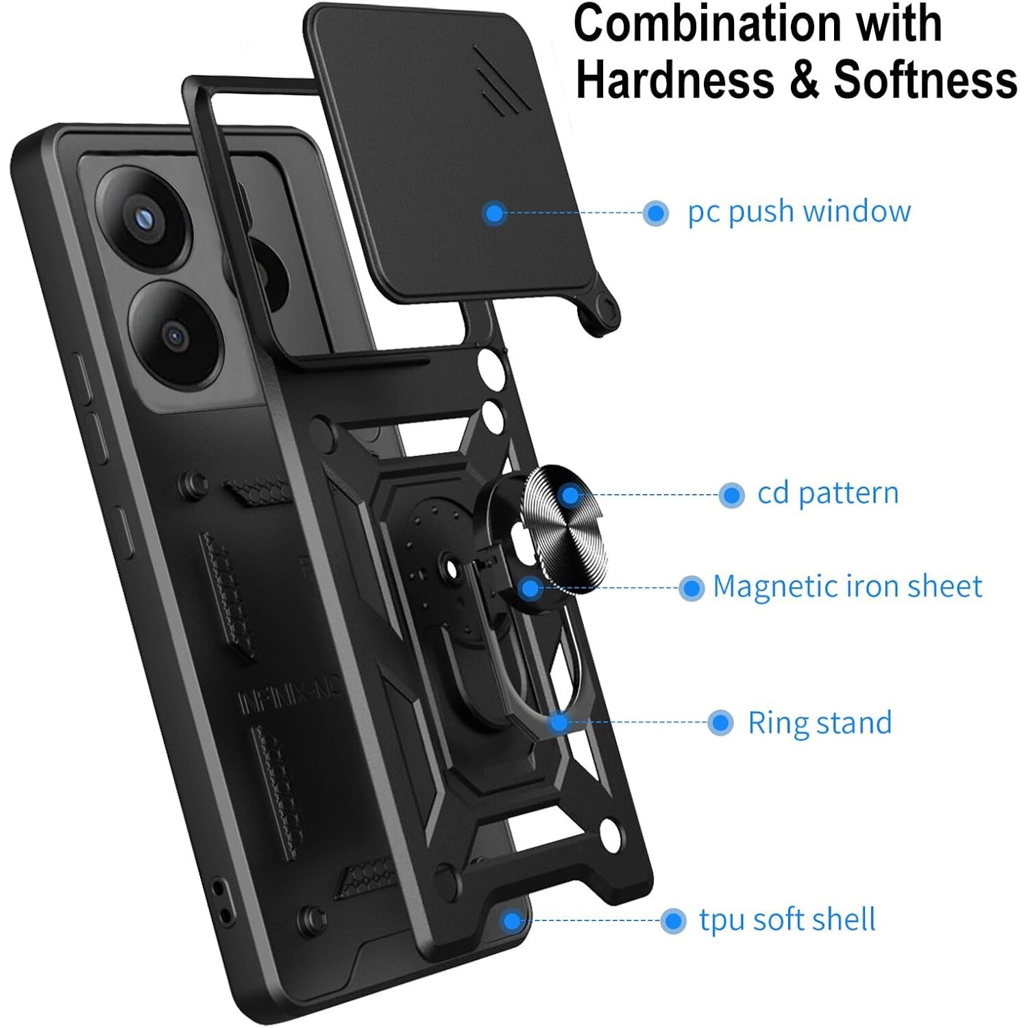 Husa pentru Xiaomi Redmi Note 14 4G Ring Armor Kickstand Tough Rugged Cover cu protectie camera Negru