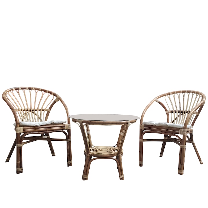Градински комплект от естествен ратан, Маса и 2 кресла, С бели възглавници.