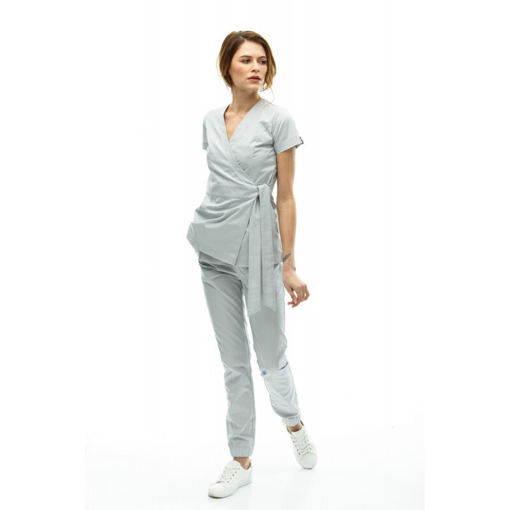 Costum medical Inwhite, gri deschis, 4 buzunare, snur, poliester, set, XXL