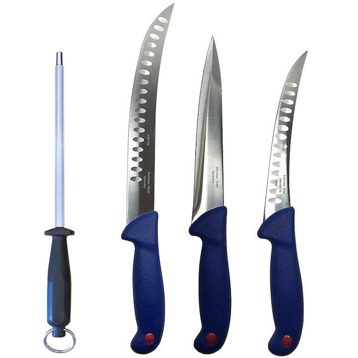 Set profesional de macelarie, transat, injunghiat, dezosat, filetat, 3 cutite, masat pentru ascutit, Dactylion®