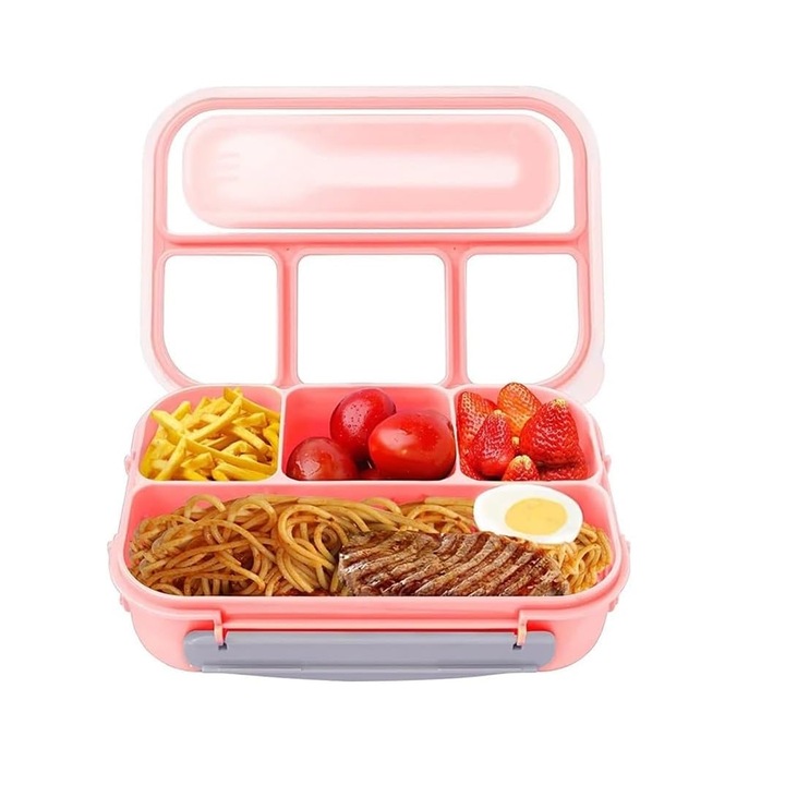 Cutie pranz, Polipropilena, Rezistenta la scurgeri, Tacamuri, 4 Compartimente, Lingurita-spork inclus, Roz deschis, HAPPY JOKER®