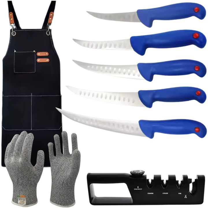 Set 5 cutite Profesionale de Bucatarie, confectionate din otel inoxidabil, ideale pentru Bucatarie sau Macelarie, Manusi de Protectie anti taiere, Ascutitor cutite si Sort Profesional incluse