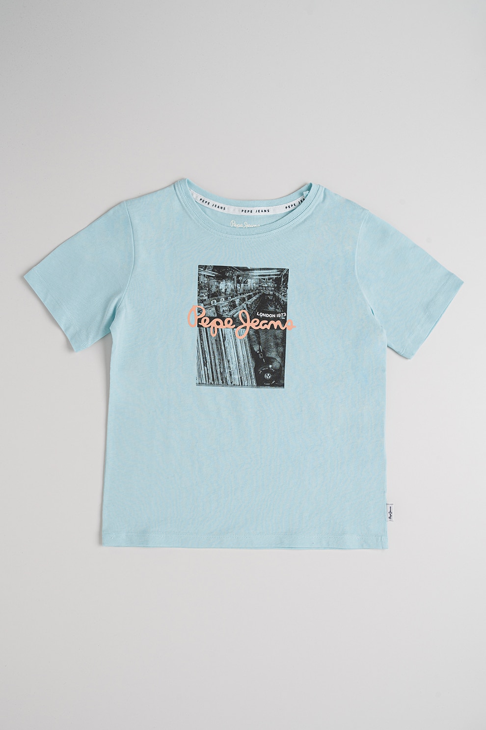 Pepe Jeans London, Tricou de bumbac cu imprimeu Wilbert, Albastru pastel, Negru, 164 CM