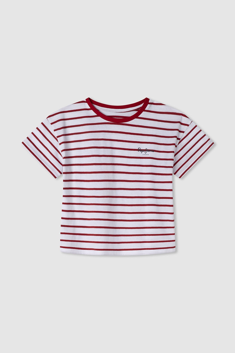 Pepe Jeans London, Tricou cu decolteu la baza gatului si dungi, Rosu, Alb optic, 140 CM