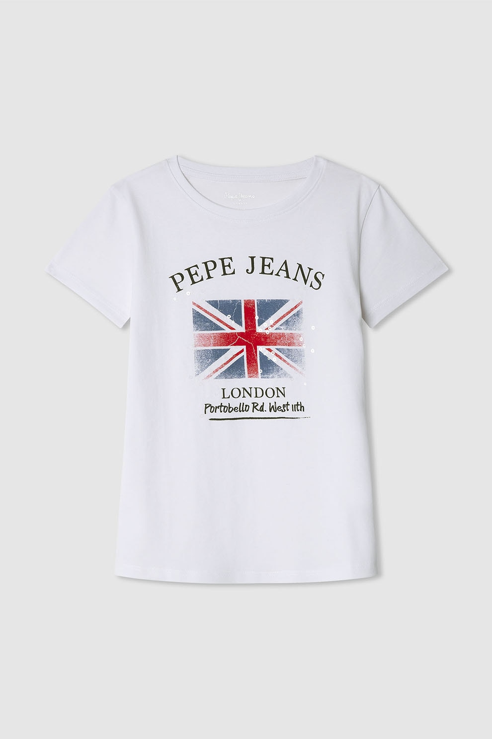 Pepe Jeans London, Tricou de bumbac cu logo si model grafic, Rosu, Albastru inchis, Alb optic, 164 CM