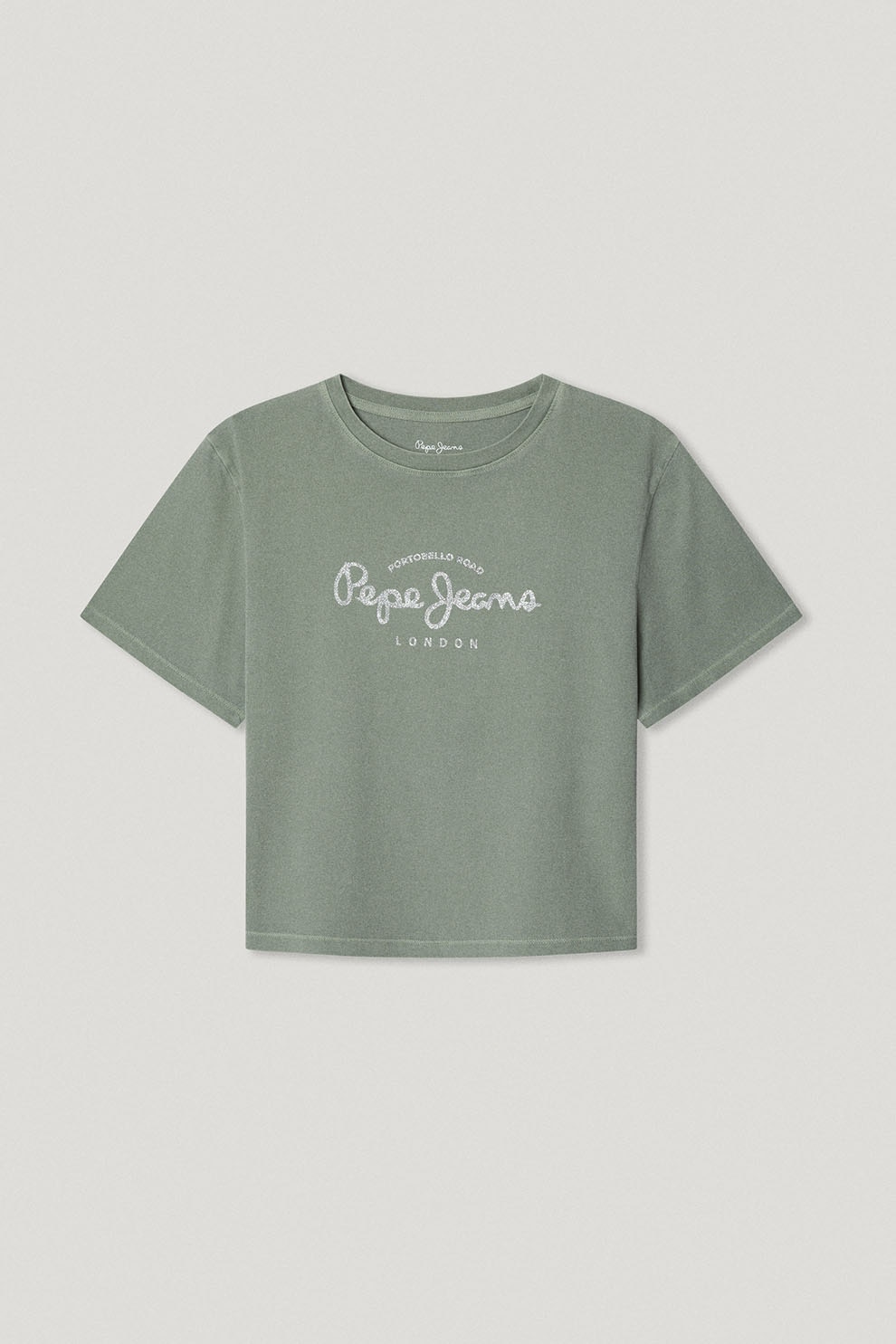 Pepe Jeans London, Tricou cu imprimeu text, Alb optic, Verde marin, 164 CM