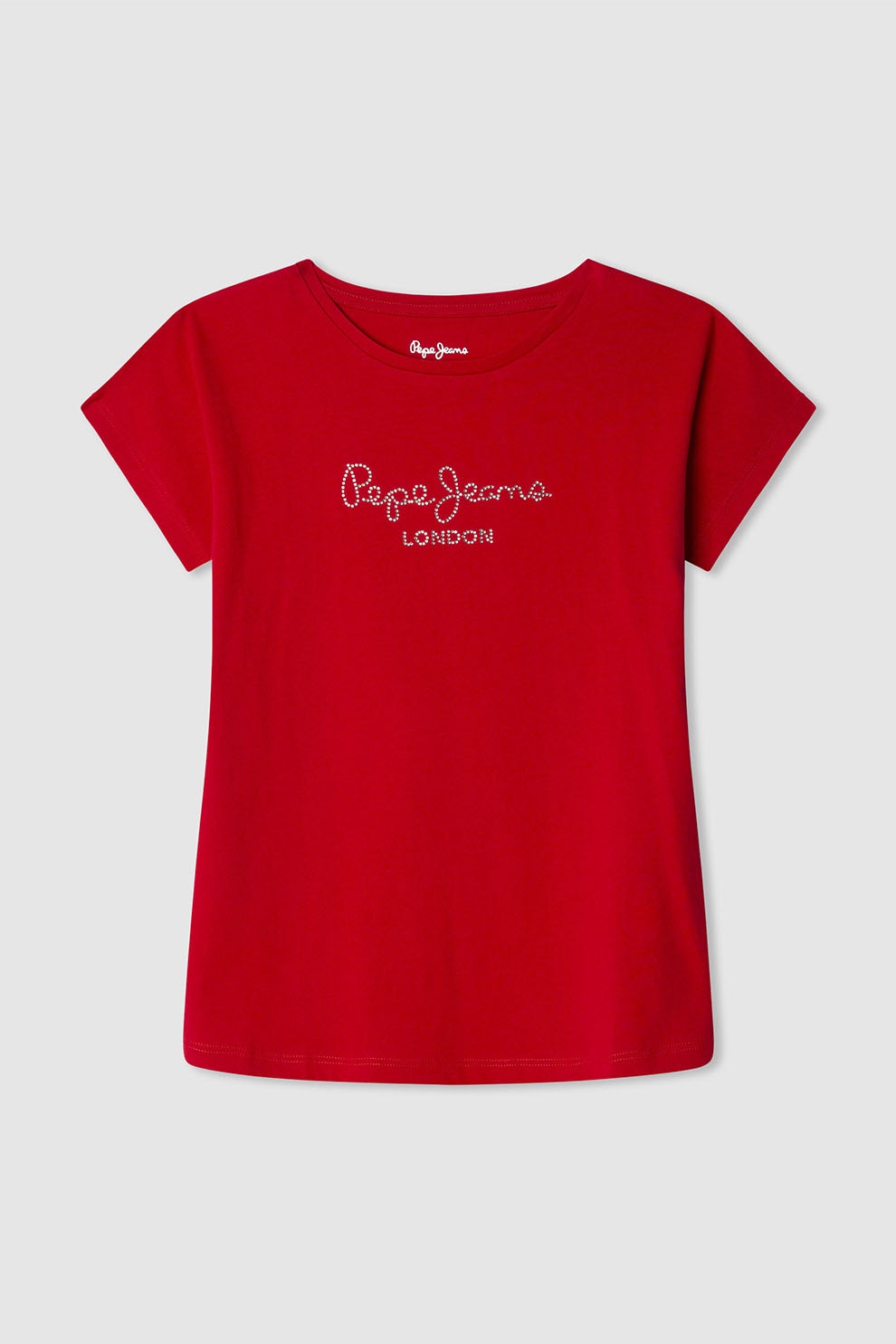 Pepe Jeans London, Tricou cu logo din strasuri, Rosu, Argintiu, 164 CM