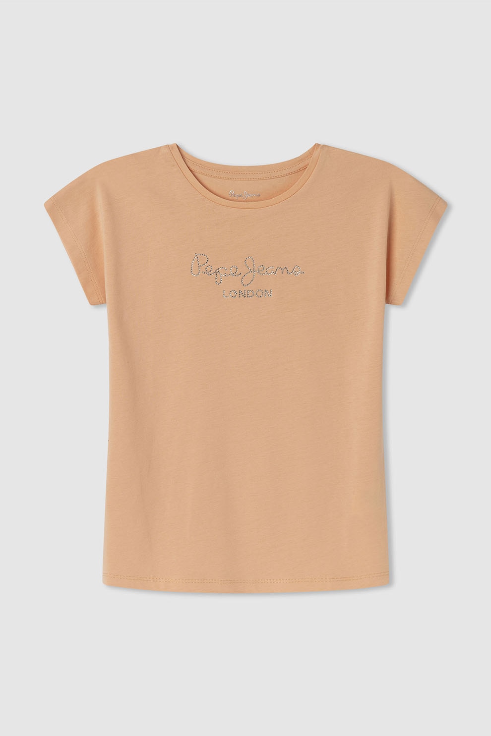 Pepe Jeans London, Tricou cu logo din strasuri, Piersica, Argintiu, 152 CM