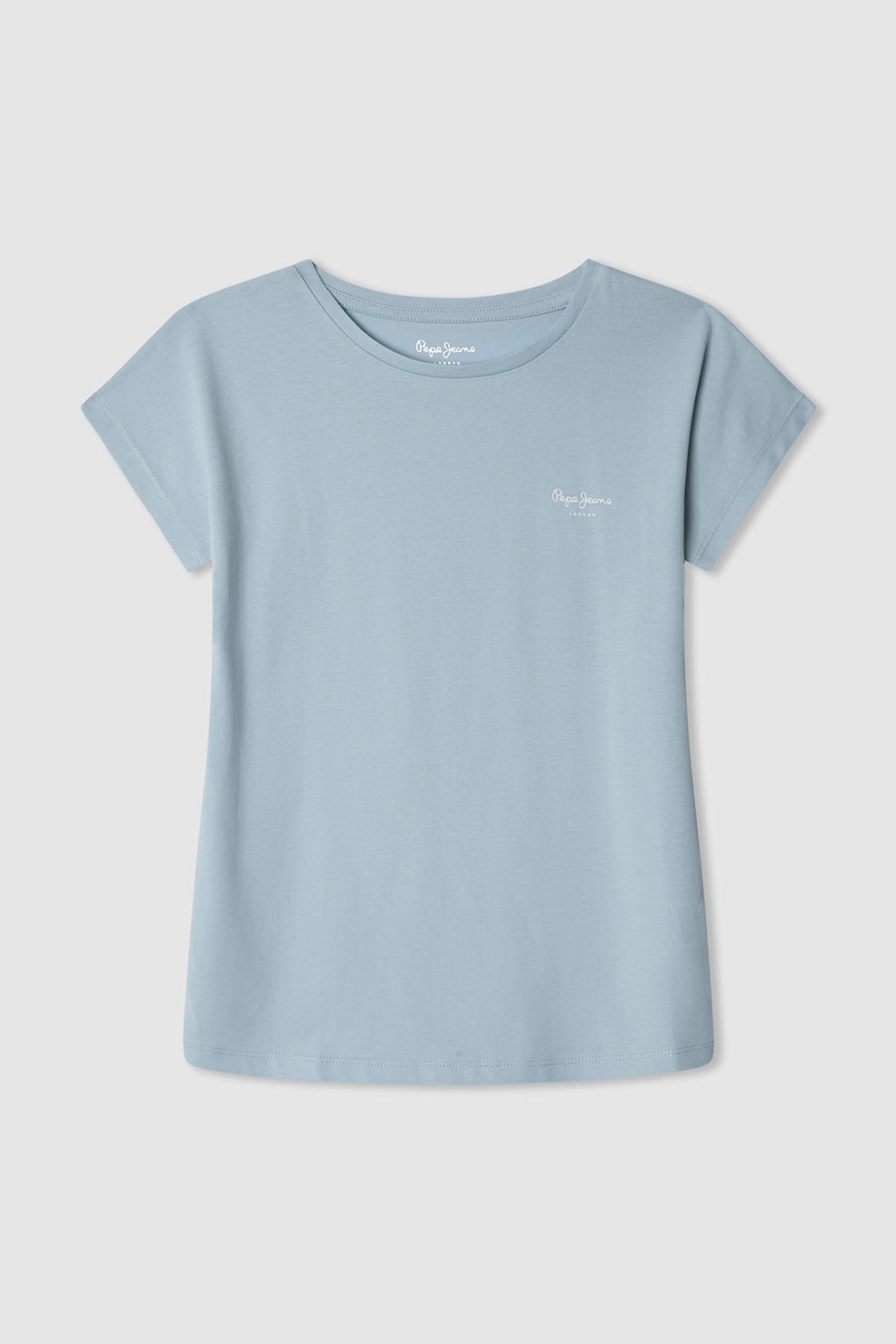 Pepe Jeans London, Tricou cu decolteu la baza gatului si logo discret Bloomy N, Albastru prafuit, 140 CM
