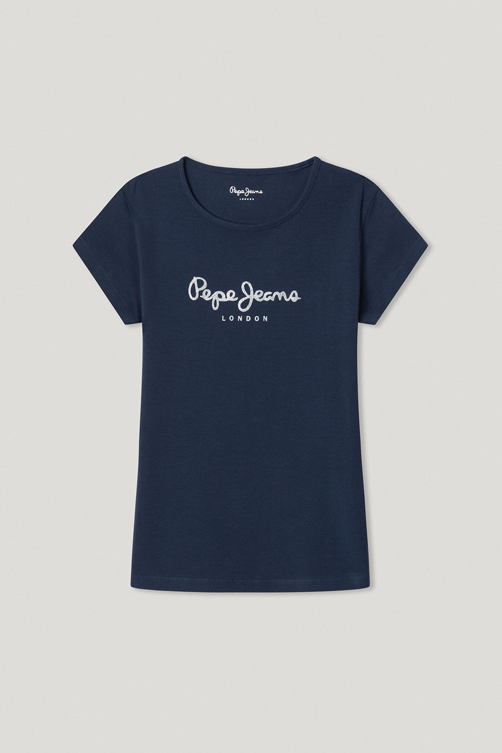 Pepe Jeans London, Tricou cu decolteu la baza gatului si logo stralucitor, Alb optic, Bleumarin, 152 CM