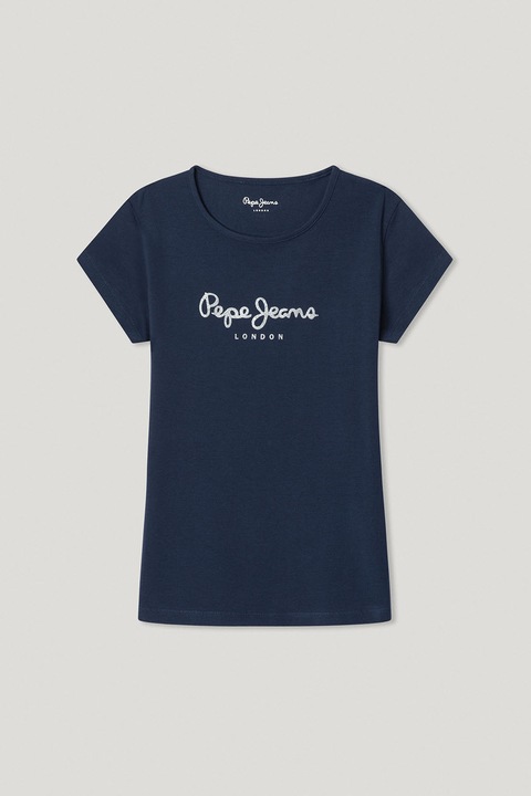 Pepe Jeans London, Kerek nyakú póló csillámos logóval, Fehér/Tengerészkék