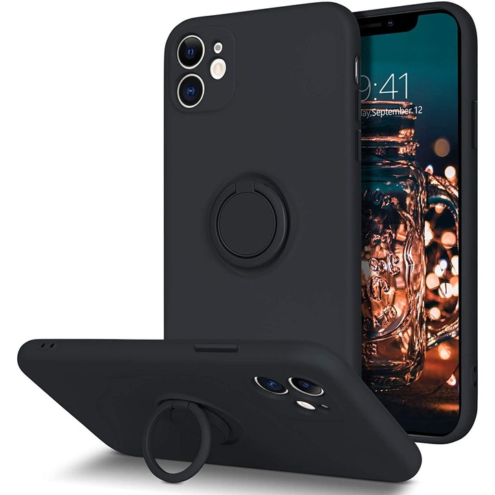 Husa protectie Danex compatibila cu Apple iPhone 11 Liquid Silicone Ring cu suport rotativ Negru