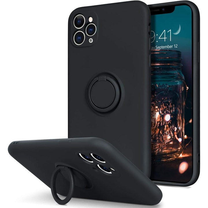 Husa protectie compatibila cu Apple iPhone 11 Pro Max Liquid Silicone Ring cu suport rotativ Negru