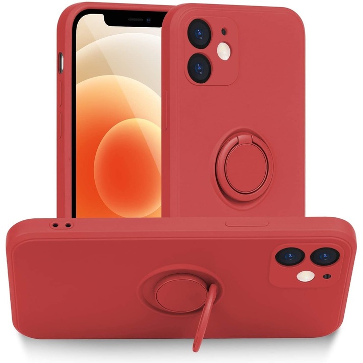 Husa protectie compatibila cu Apple iPhone 12 Liquid Silicone Ring cu suport rotativ Rosu