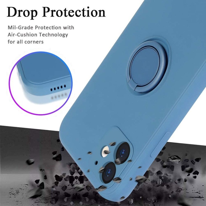 Husa protectie compatibila cu Apple iPhone 12 Mini Liquid Silicone Ring cu suport rotativ Albastru
