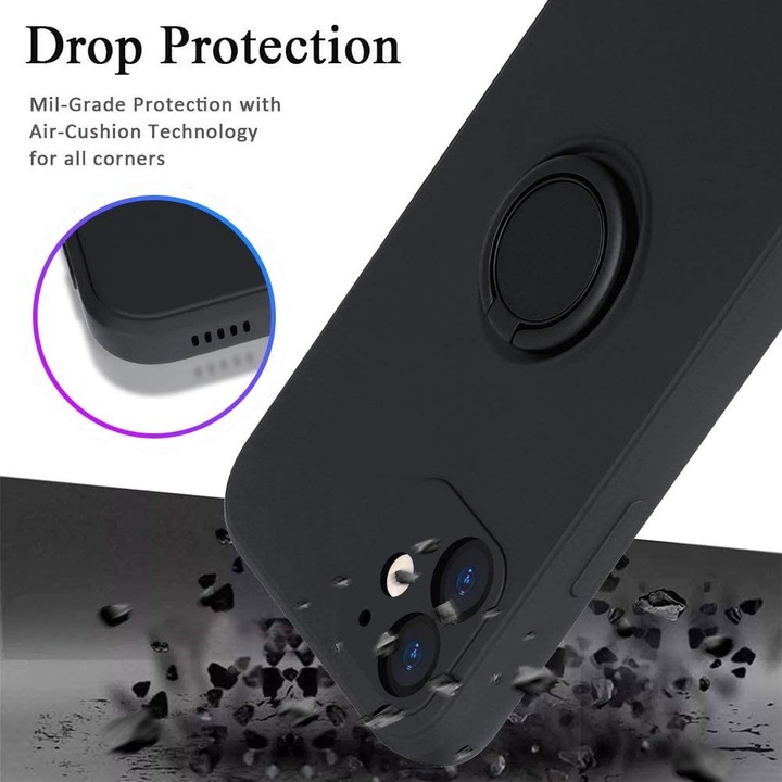 Husa protectie compatibila cu Apple iPhone 12 Mini Liquid Silicone Ring cu suport rotativ Negru