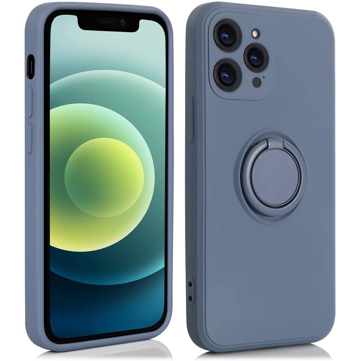 Husa protectie compatibila cu Apple iPhone 12 Pro Liquid Silicone Ring cu suport rotativ Albastru