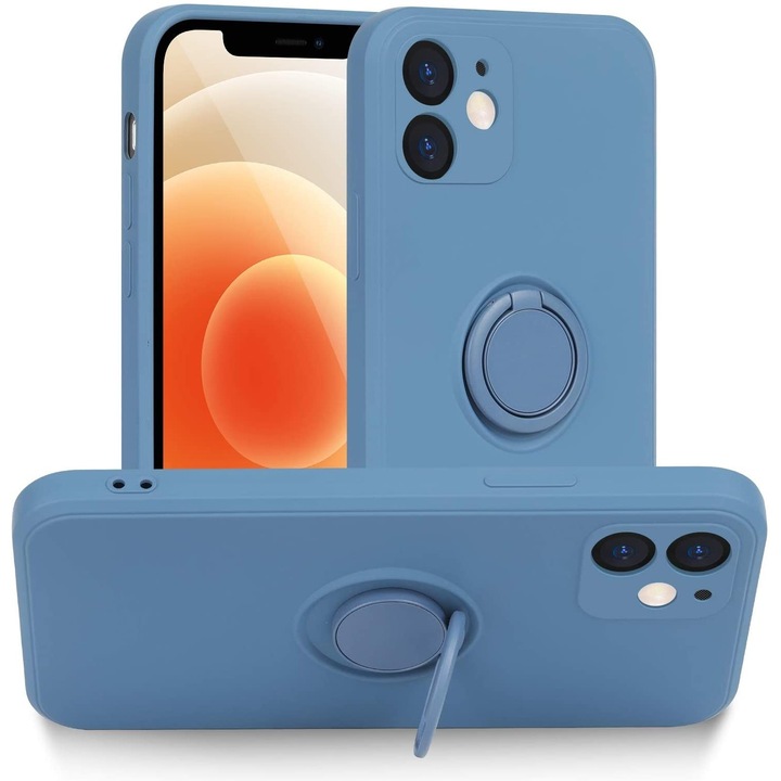 Husa protectie compatibila cu Apple iPhone 12 Liquid Silicone Ring cu suport rotativ Albastru deschi