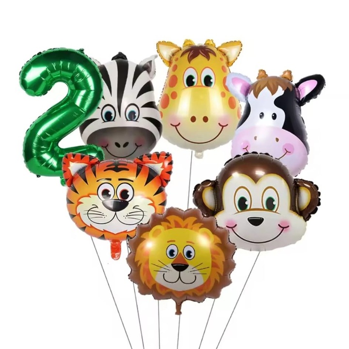 Set pentru petrecere aniversara tematica Jungle, Balon folie cifra 2, 5 baloane folie animale