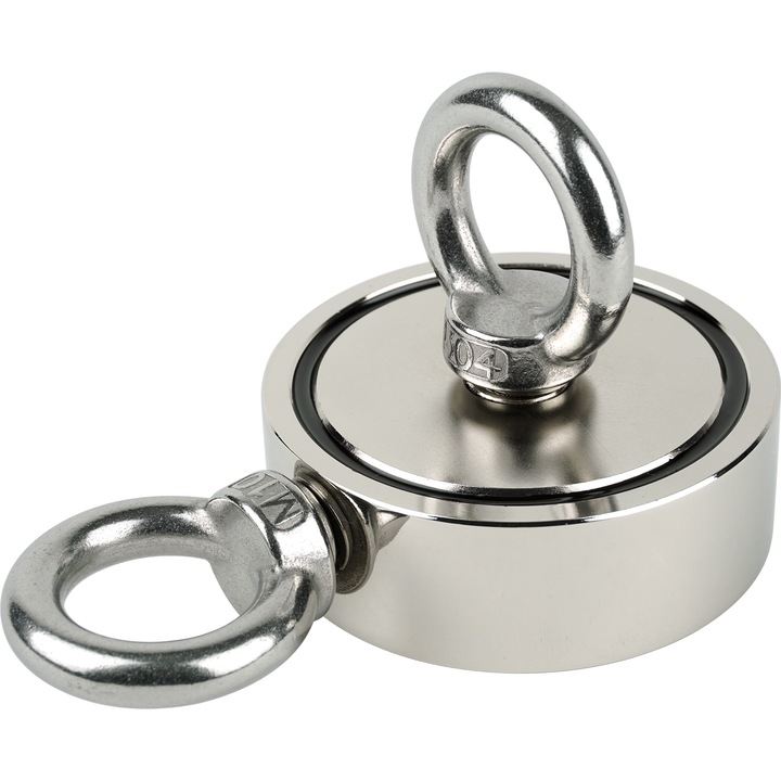 Magnet cu doua fete, Sensei, Neodim, Maner inox, Capacitate 500 kg, Filet 2 x M10, Ø75 mm, Argintiu