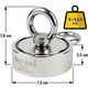 Magnet cu doua fete, Sensei, Neodim, Maner inox, Capacitate 500 kg, Filet 2 x M10, Ø75 mm, Argintiu