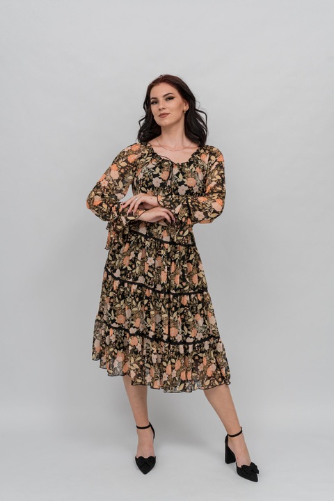 Черна рокля с флорален принт Ella, Оранжев, Черен