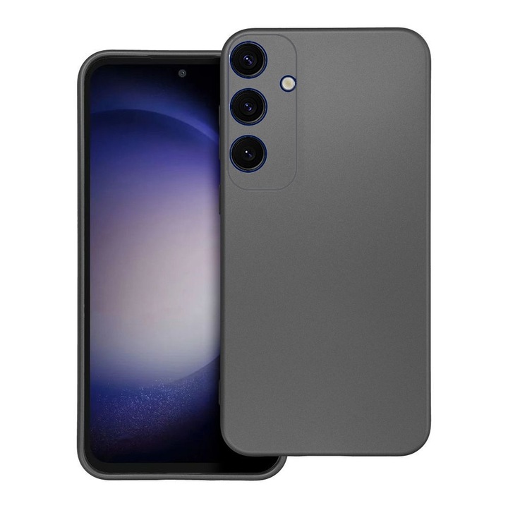 Защитен калъф, кадифена вътрешност, съвместим с Samsung Galaxy S25, FONIX MetalShield, силикон, повдигнати ръбове, метализирана повърхност, тънък, сив