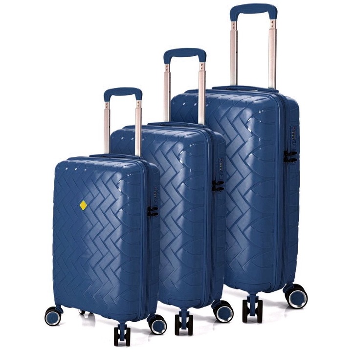 Комплект куфари Benzi BZ 5806, полипропилен, 4 двойни колела и шифър, 3 броя, тъмносин