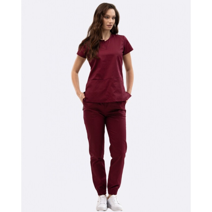 Costum medical Inwhite, bordeaux, 4 buzunare, set (bluza + pantalon), poliester, L