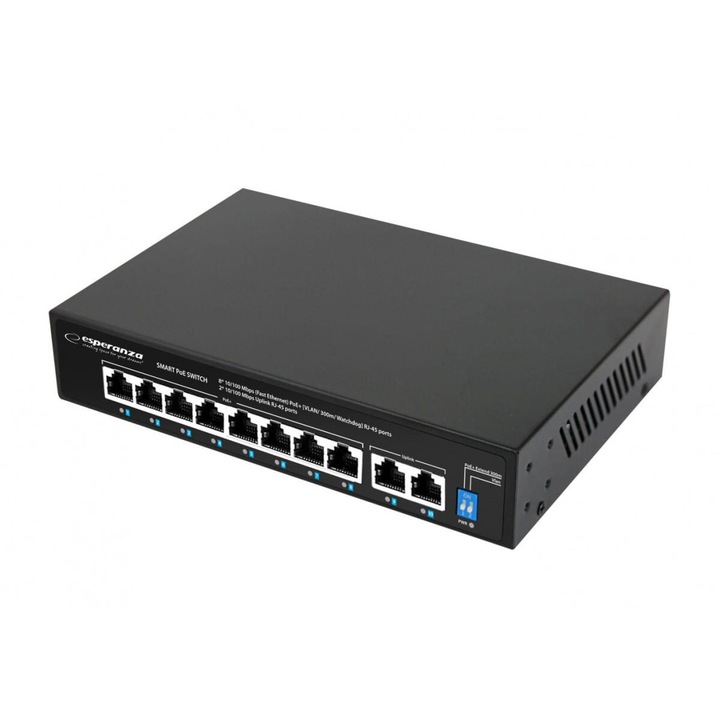 Switch, ESPERANZA, 10 porturi Fast Ethernet, PoE, 96W, negru, 195x135x40mm