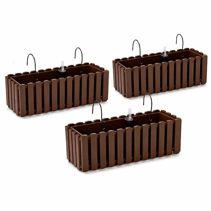 Set 3 jardiniere decorative cu suport metalic, sistem irigare, ​​​​​​​ maro, 58x18x16.2 cm, Boardee Fencycase W