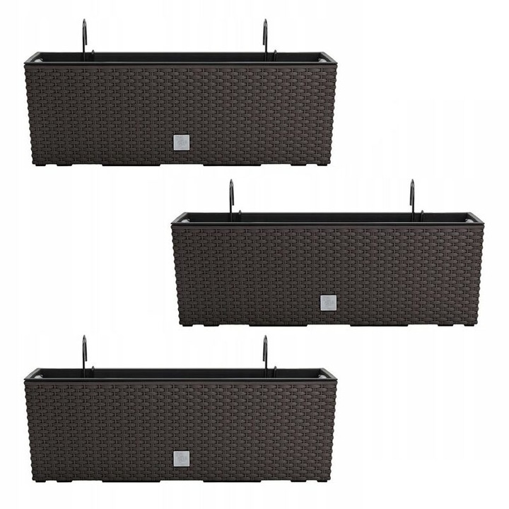 Set 3 jardiniere cu suport metalic, imitatie ratan, maro, 58x18x19.5 cm, Rato Case W