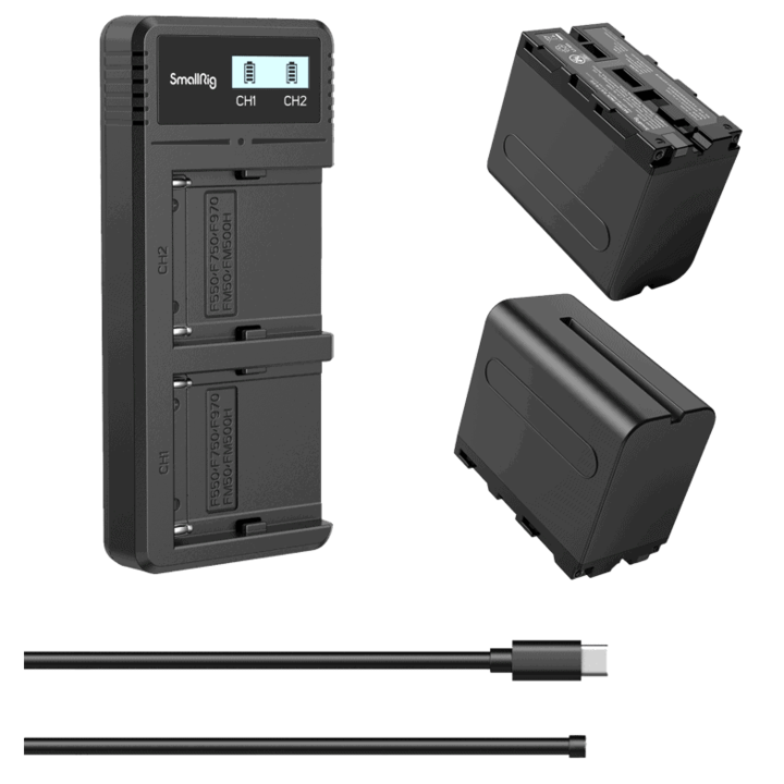 Set Baterii și Încărcător NP-F970, SmallRig, 2x Baterii 7800mAh, Micro-USB și USB-C