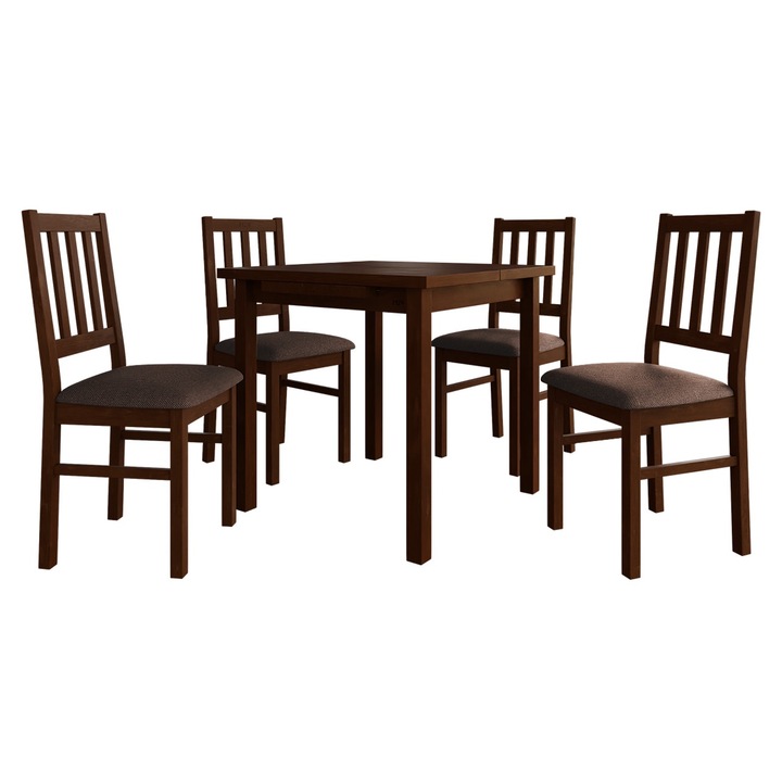 Set mobila bucatarie AL09, Masa extensibila Eliot 80x80/110 VII cu 4x Scaun Dalem IV, MIRJAN24, nuc / maro