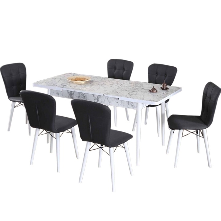 Set masa extensibila cu 6 scaune tapitate Homs marmorat alb 250-30650 bej- negru 170 x 80 cm