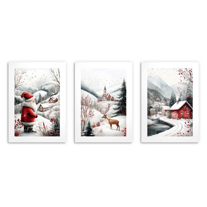 Set Tablouri Craciun, Deco Walls, Digital Print, Pentru Camera De Zi, Cu Rama, Hartie Fotografica, 3 Piese, Dreptunghi, 70 x 150 cm, Alb, Rosu, Albastru