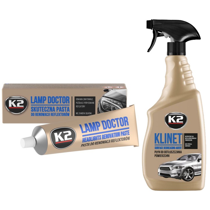 Pachet pasta K2 pentru restaurarea manuala sau mecanica a farurilor 60g + degresant K2 cu pulverizator pentru caroserie 750ml