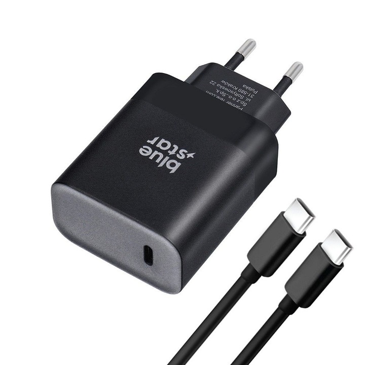 Hálózati töltőfej, adapter, USB-C (Type-C) port + USB-C - USB-C adatkábel, töltőkábel, gyorstöltő, PD 45W, fekete, Bluestar TFB-TC-45W